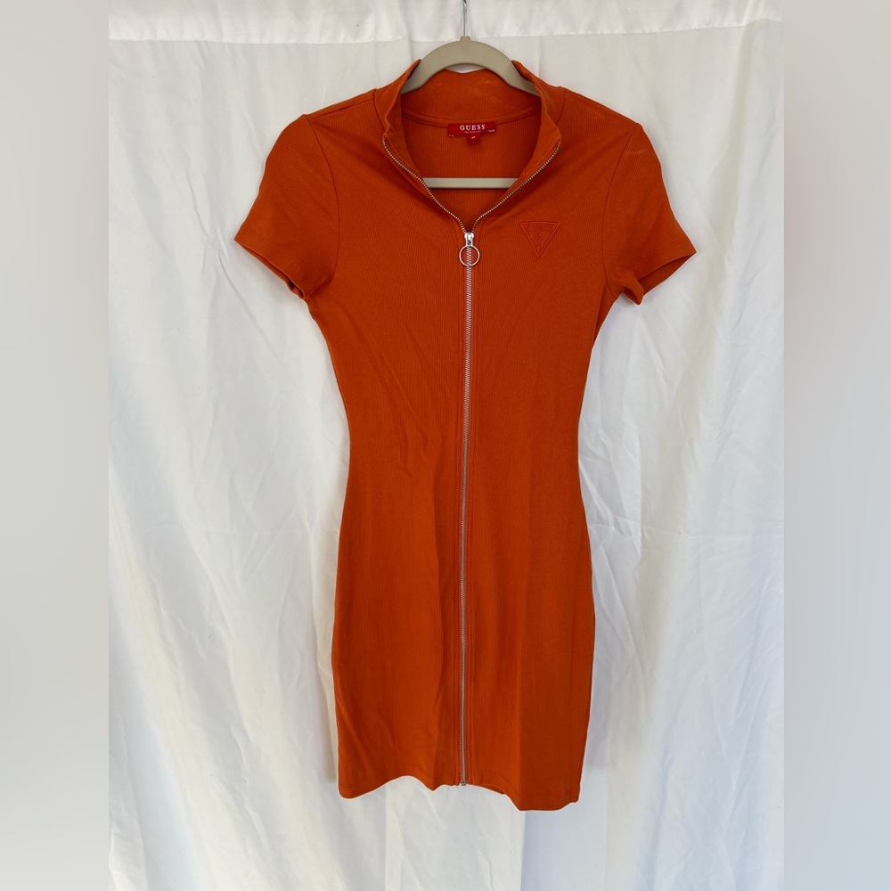 Vintage Y2K Guess Mini Dress Full Zip Solid Orange Ring Zip Short Sleeve Size M